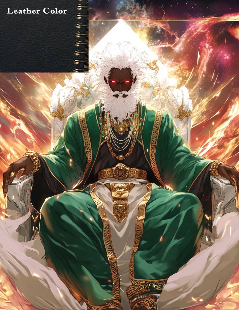 May include: A man with a white beard and red eyes sits on a throne. He is wearing a green robe with gold trim and a gold belt. The background is a fiery orange and red.