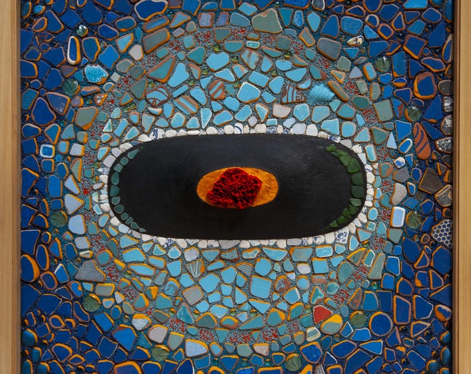 Mosaic, tile fragments, volcano, atoll, eruption