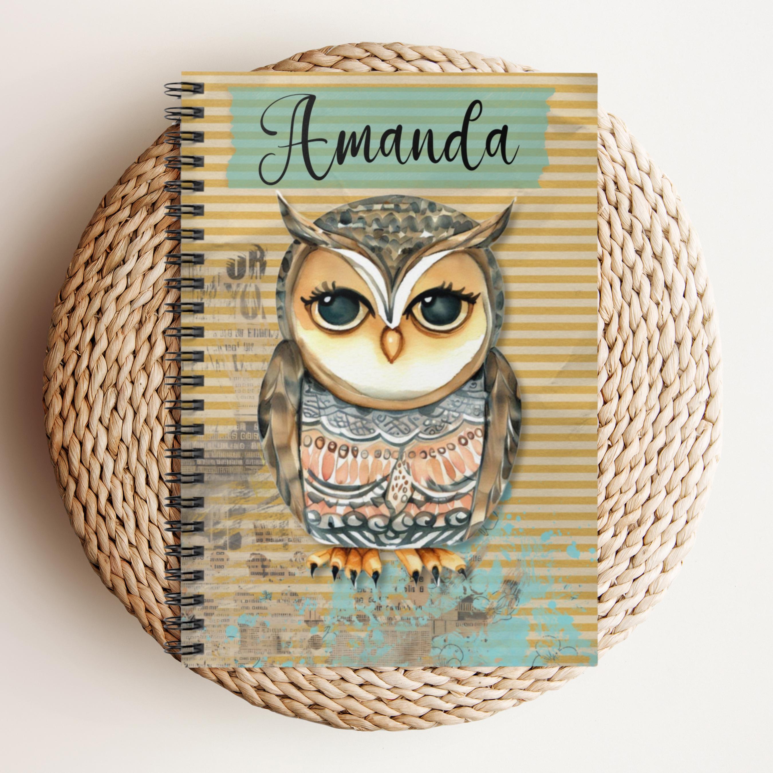 Boho Owl Notebook, Custom Personalized Journal, Gift for Writers, Back to School, Student And Teache