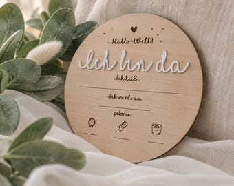 Meilensteinkarte aus Holz mit Geburtsdaten - Hallo Welt – Ich bin da