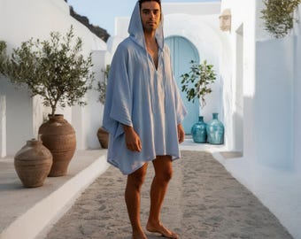 Sudadera bohemia de muselina de algodón natural para hombre, prenda unisex para el verano, caftán de moda sostenible.