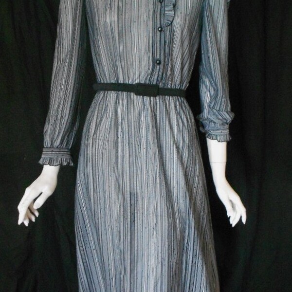 Vintage Secretary Dress Black and White Striped Sheer Dress Ruffled Collar Cuffs 1970s 1980s Small Medium