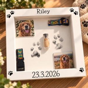 May include: A white wooden shadow box frame featuring the name Riley and the date 23.3.2026. The display includes two square photographs of a golden dog, two sections of a colourful patterned collar, a small glass vial, and two black paw prints.