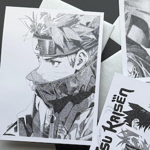 May include: A collection of black and white anime art prints. The prints feature characters from popular anime series, including Naruto, Jujutsu Kaisen, and Demon Slayer. The art style is detailed, with a focus on character portraits and action scenes.