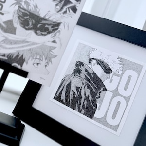 May include: Black and white framed artwork featuring anime characters. One print displays the text "Jujutsu Kaisen" with character illustrations. The other print shows a character with the text "GO JO".