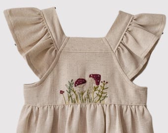 Handmade Embroidered Ruffle Linen Baby Dress - 12 Months - Birthday dress- Vintage Inspired