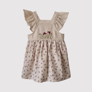 Organic Linen Baby Dress – 12/18 Months - Embroidered Ruffle Pinafore for Girls, Handmade First Birthday Outfit, Cottagecore Baby Clothes