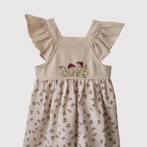12/18 Months - Embroidered Ruffle Pinafore for Girls, Handmade First Birthday Outfit, Cottagecore Baby Clothes- Organic Linen Baby Dress –