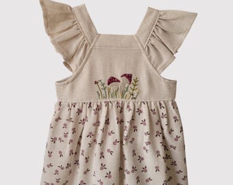Embroidered Organic Linen Ruffle Pinafore Dress: Cottagecore Baby Clothes (12/18 Months
