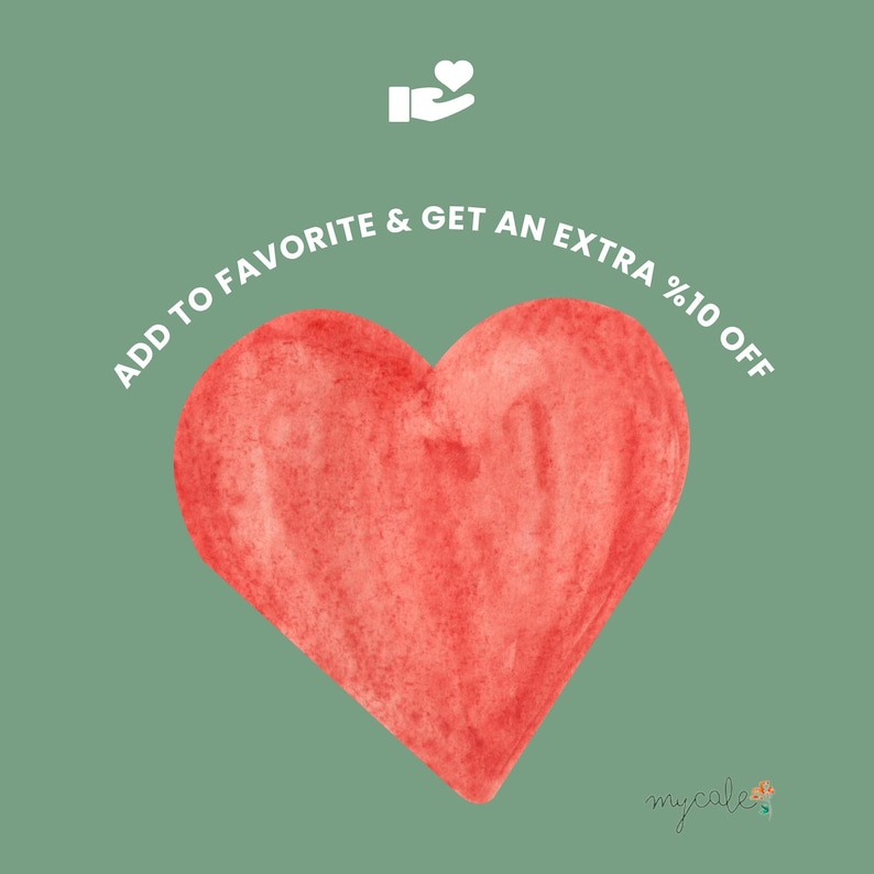 Pode incluir: Imagem em estilo aquarela com um grande cora&ccedil;&atilde;o vermelho sobre um fundo verde suave. O texto branco em arco diz: "ADD TO FAVORITE & GET AN EXTRA %10 OFF". Uma pequena m&atilde;o branca segurando um &iacute;cone de cora&ccedil;&atilde;o est&aacute; no canto superior esquerdo.