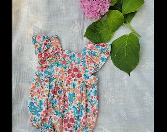 Floral Linen Baby Romper: Handmade Ruffle Pinafore Bodysuit