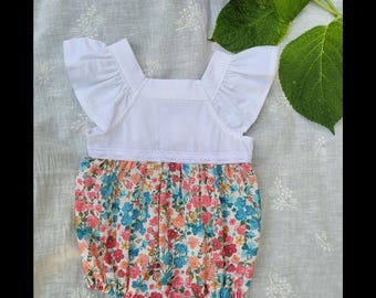 Floral Linen Baby Romper: Handmade Ruffle Pinafore, 9-12 Months