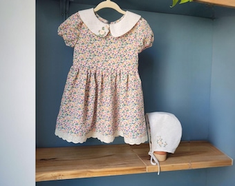 Handmade Linen Blend Baby Dress & Bonnet Set - 12 Months Embroidered Floral