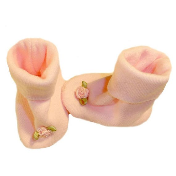 Baby Girl White Booties with Pink Satin Rose Bow 5 Preemie and Newborn Sizes