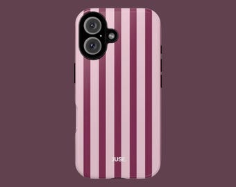Pink & Burgundy Striped iPhone Case, Minimalist Retro Cover