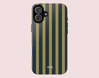 Etui na iPhone'a w zielono-granatowe paski, minimalistyczny styl retro