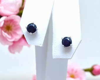 14k White Gold, Dark Blue Sapphire Stud Earrings