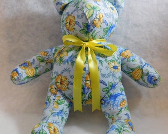 Flowers Teddy Bear on a Blue background, nursery items, unique gifts, handmade items, nursery decor, cuddy bear, child gifts, stuffed bear,