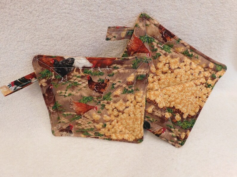 country living Handmade Chicks and Chickens Hot Pads cooking accessory kitchen accessory unique gifts quilted trivet insulated fabric