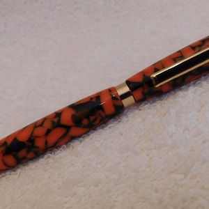 Handmade Crushed Acrylic Slimline Pen: Black & Orange with Gold Hardware