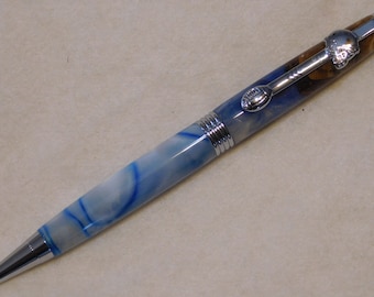 Handmade Blue & White Hybrid pen with Oak wood, with Chrome Hardware, hand crafted, unique ink pen, twist pen, hand turned, Football, 512