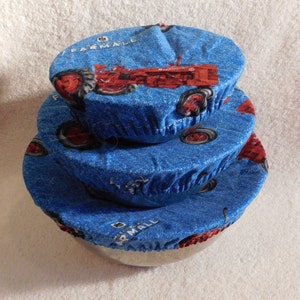 Handmade Set of Three Reusable Farmall Bowl Covers, Elastic bowl cover, eco-friendly, lid cover, dish cover, IH, food storage, red tractor image 2