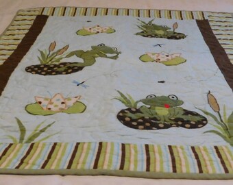 Whimsical Frogs Baby Quilt, unique item, baby blanket, nursery item, nursery decor, baby quilt, baby toy, handcraft quilt, newborn quilt