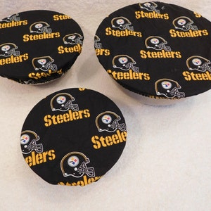 Handmade Set of Three Reusable Steelers Bowl Covers, Elastic bowl cover, eco-friendly, sports, dish cover, picnic, food storage, cover lid