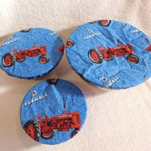 Handmade Set of Three Reusable Farmall Bowl Covers, Elastic bowl cover, eco-friendly, lid cover, dish cover, IH, food storage, red tractor image 1