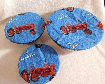 Handmade Set of Three Reusable Farmall Bowl Covers, Elastic bowl cover, eco-friendly, lid cover, dish cover, IH, food storage, red tractor
