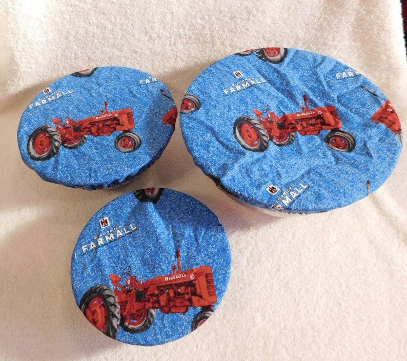 Handmade Set of Three Reusable Farmall Bowl Covers, Elastic bowl cover, eco-friendly, lid cover, dish cover, IH, food storage, red tractor image 1