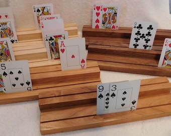 Choice of 1 Set Handmade Playing Card Holders, handcrafted, recycled wood, cards, board games, custom made card holder, arthritis, kids game