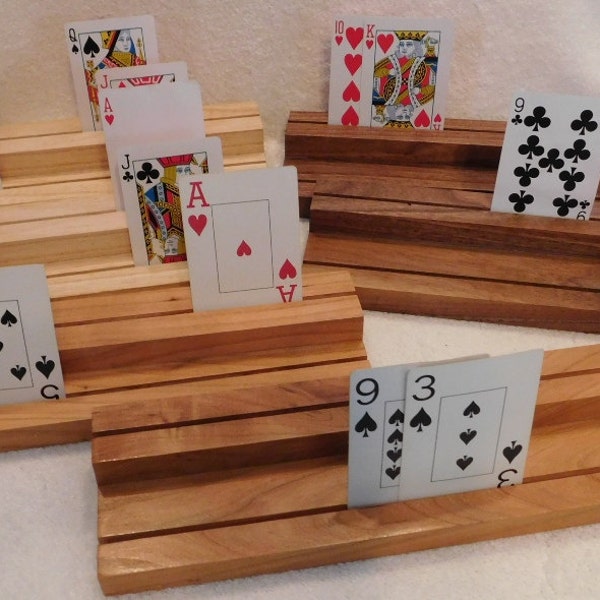 Choice of 1 Set Handmade Playing Card Holders, handcrafted, recycled wood, cards, board games, custom made card holder, arthritis, kids game