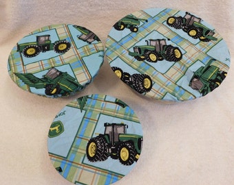 Handmade Set of Three Reusable Green Tractor  Bowl Covers, Elastic bowl cover, eco-friendly, lid cover, dish cover, picnic, food storage,