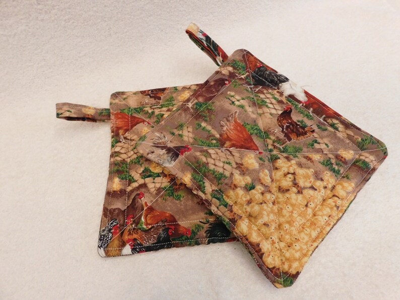 country living Handmade Chicks and Chickens Hot Pads cooking accessory kitchen accessory unique gifts quilted trivet insulated fabric