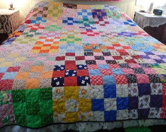 Handmade Double, 9 Patch Quilt, handcrafted, custom made, unique, colorful, bedroom quilt, grandma's quilt, hand stitched, machine quilted