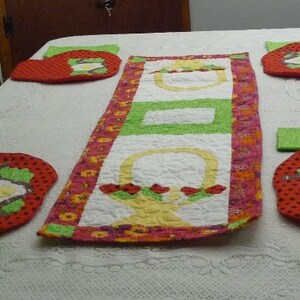 Strawberry table runner,table setting,table accents,machine quilted,cotton fabric, designer fabric,dinner room, table topper