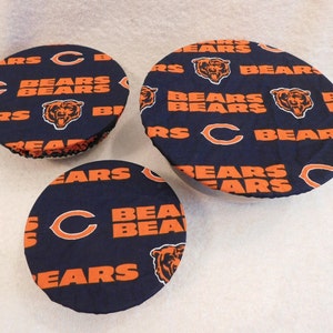 Handmade Set of Three Reusable Chicago Bears Bowl Covers, Elastic bowl cover, eco-friendly, lid cover, dish cover, picnic, food storage,