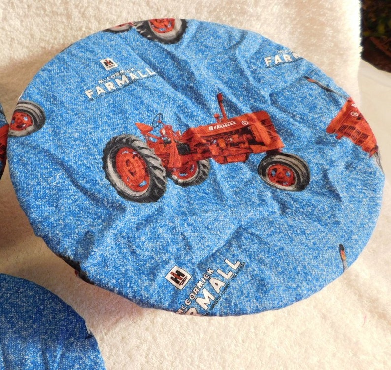 Handmade Set of Three Reusable Farmall Bowl Covers, Elastic bowl cover, eco-friendly, lid cover, dish cover, IH, food storage, red tractor image 3