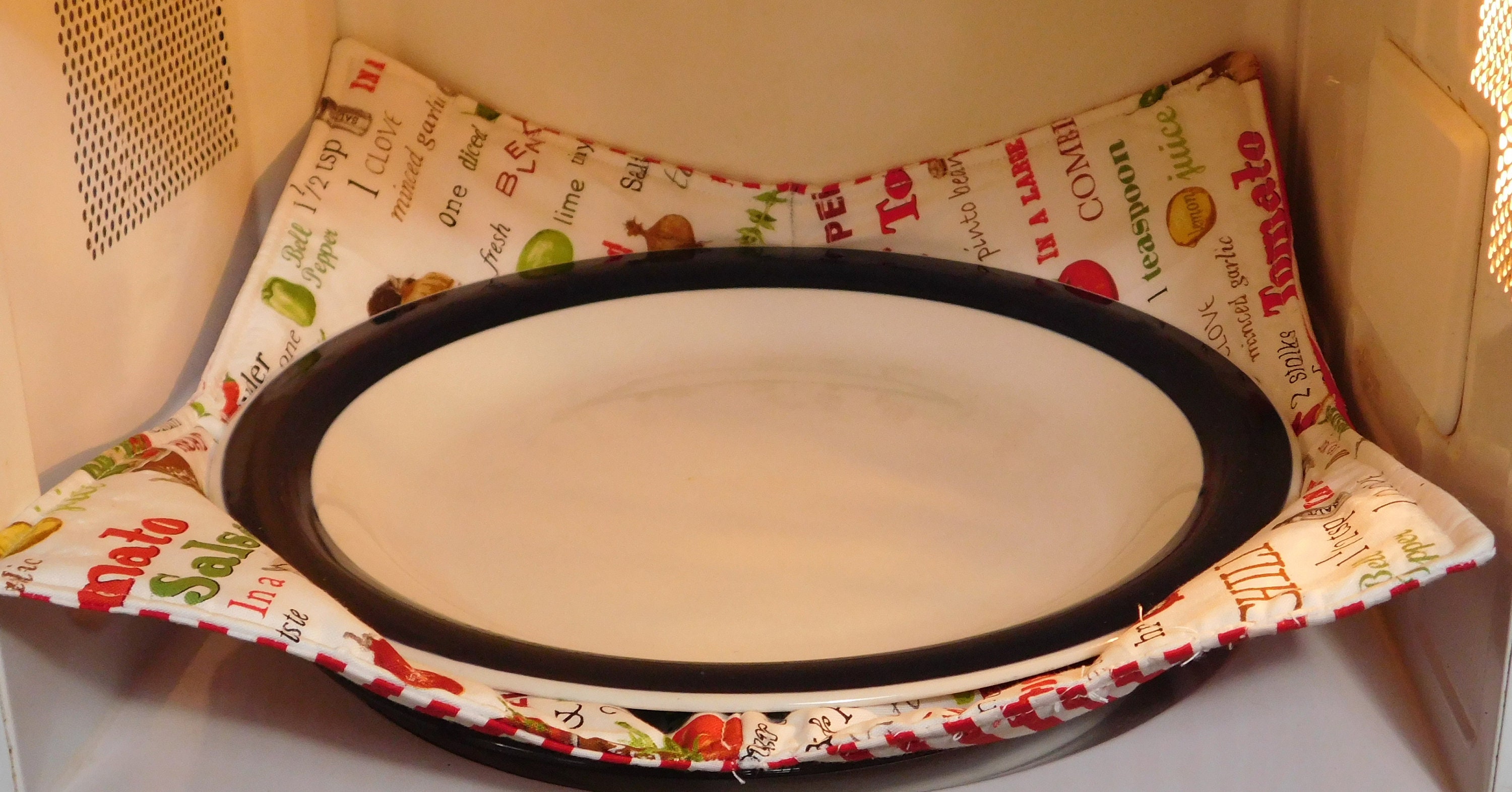 Reversible Dinner Plate Microwave Cozy With Recipe Items on a Etsy