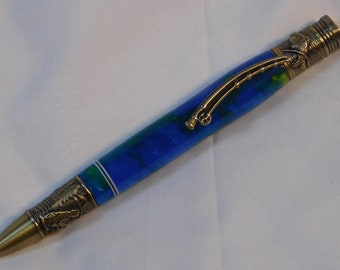 Beautiful Handmade Fly Fishing twist pen with Ocean Mist Inlace Acrylester in an Antique Brass finish, handcrafted, sportsman pen, 496