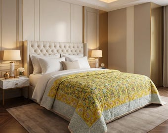 Edredón individual de algodón con estampado floral amarillo de doble cara