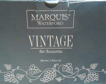 3pc Marquis Waterford Martini Glasses & Metal Shaker set Vintage Bar Accessories
