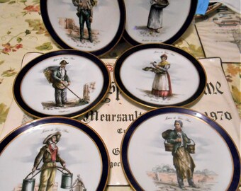 Antique 6pc Subjects of Paris Echt Cobalt Art Plate Schumann Arzberg Bavaria Germany Gold Trim Collectors Set Rare