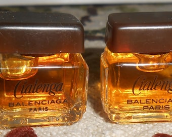 Raro set di due fragranze Cialenga di Balenciaga degli anni '70 da 0,07 oz, in miniatura, da collezione, con tappo rettangolare marrone.