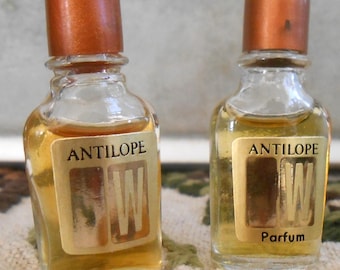 Rare 1970's Antilope by WEIL Set of Two .07oz True Perfume Micro Miniature Vanity Collectible Brown & Gold Caps Fragrance