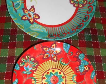 Pier 1 Imports Villa Dinner & Lunch Plates Set of 8 Multicolor Floral Teal Vintage Dinnerware