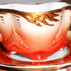 Antique Footed Tea Cup & Saucer Flame Orange Peach with Thick Gold Trim #1023 Raised Pattern Porcelain Set Hand numbered