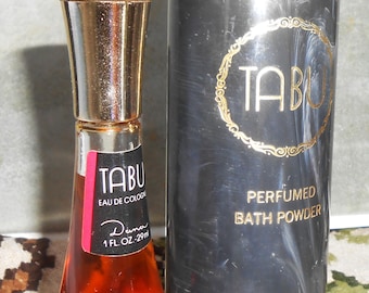 Set original de Tabu by Dana: perfume Eau de Cologne y polvos de baño perfumados (2 piezas). Edición vintage de los años 70.