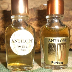 Rare antilope des années 1970 par WEIL, lot de deux vrais parfums de 0,07 oz, micro-caisse miniature de collection, bouchons marron et or